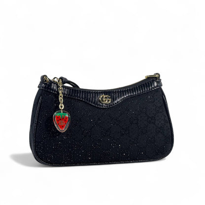 ✨ Gucci Black Sparkle Shoulder Bag with Strawberry Charm 🍓