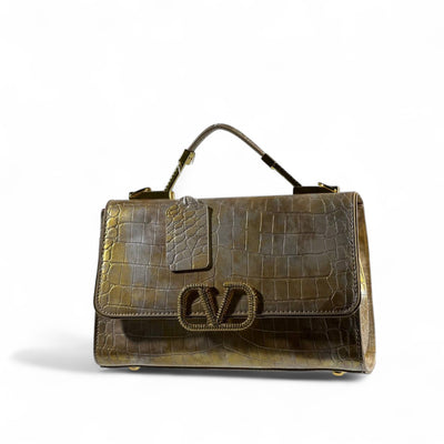 Valentino Garavani Croc-Embossed Golden Bronze VLogo Bag