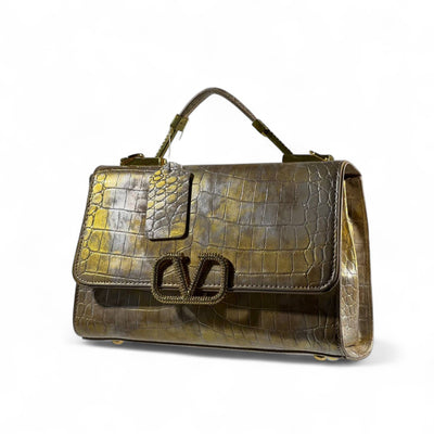 Valentino Garavani Croc-Embossed Golden Bronze VLogo Bag