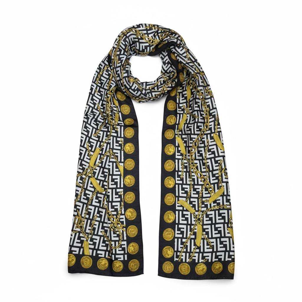 🖤✨ Fendi Baroque Coin Print Scarf & Hijab – Black & Gold Elegance ✨🖤