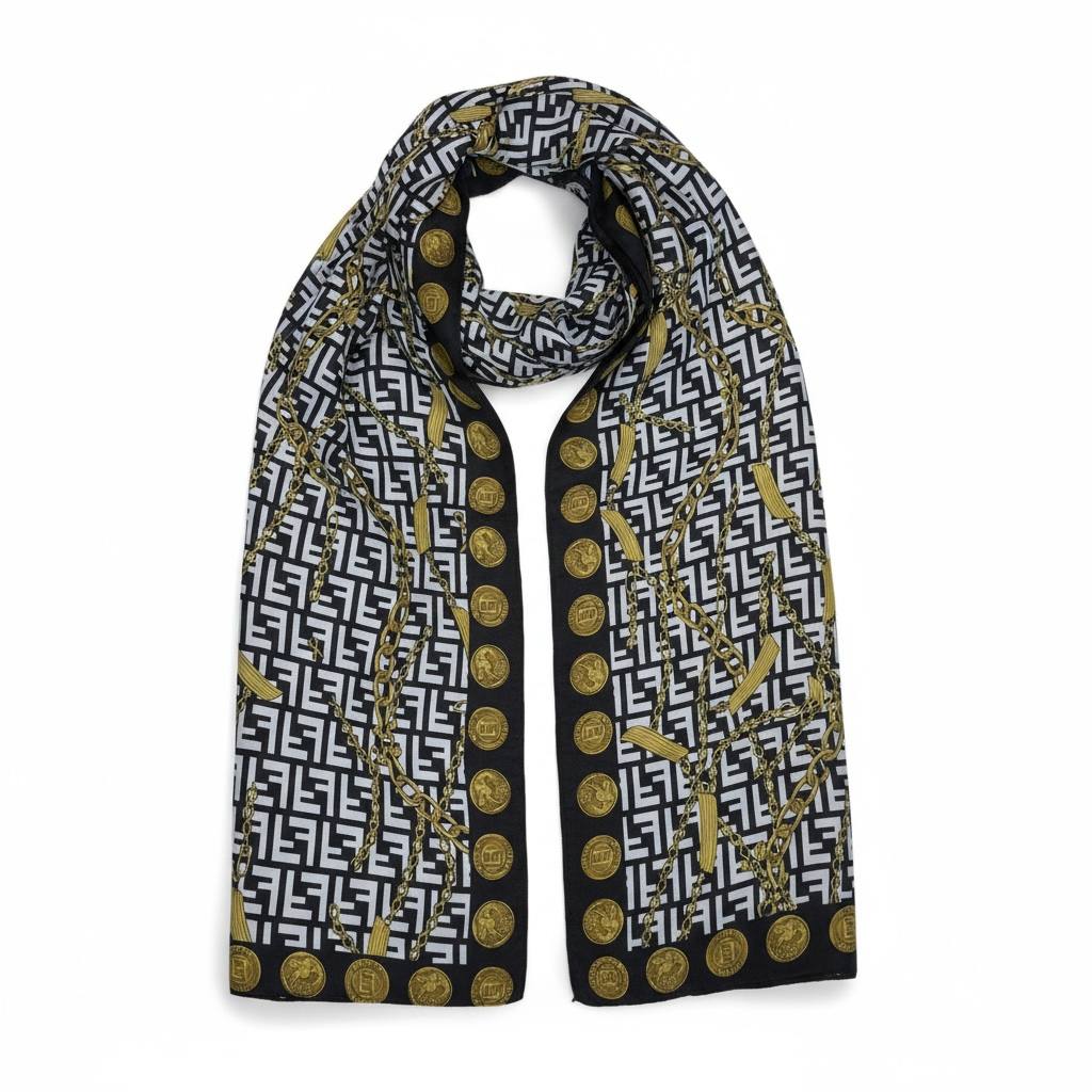 🖤✨ Fendi Baroque Coin Print Scarf & Hijab – Black & Gold Elegance ✨🖤