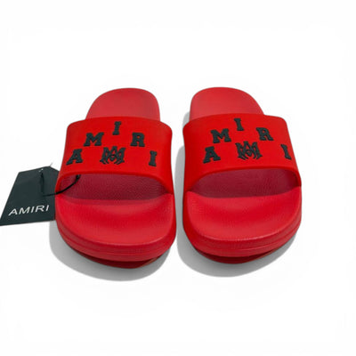 AMIRI Luxury Red Slide Sandals – Bold Logo Design & Statement Streetwear 👟🔥
