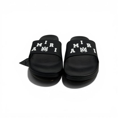 AMIRI Luxury Black Slide Sandals – Bold White Logo Design & Premium Streetwear 👟✨