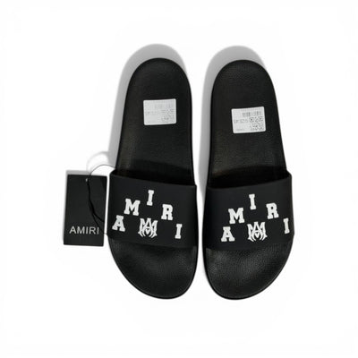 AMIRI Luxury Black Slide Sandals – Bold White Logo Design & Premium Streetwear 👟✨