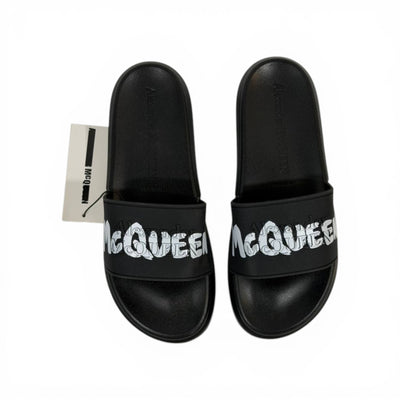 ALEXANDER MCQUEEN Luxury Black Slide Sandals – Bold Logo Statement & Premium Comfort 👟✨