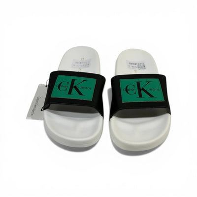 CALVIN KLEIN Luxury Black & White Slide Sandals – CK Logo Design & Everyday Comfort 👟✨