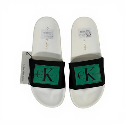 CALVIN KLEIN Luxury Black & White Slide Sandals – CK Logo Design & Everyday Comfort 👟✨