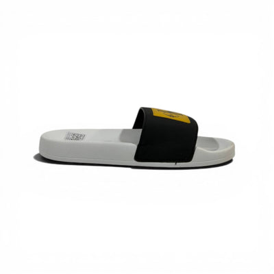 CALVIN KLEIN Luxury Black & White Slide Sandals – Yellow CK Logo Patch & Modern Street Style 👟✨