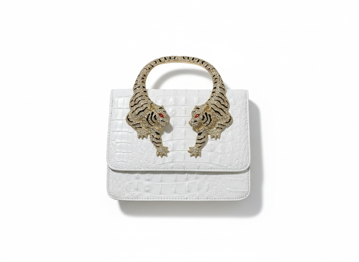 ROBERTO CAVALLI Tiger Handle  Bag – White Gold 🐅✨ | Statement Luxury Piece