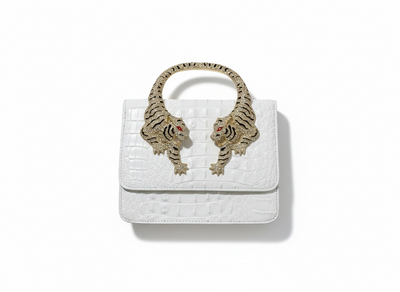 ROBERTO CAVALLI Tiger Handle  Bag – White Gold 🐅✨ | Statement Luxury Piece
