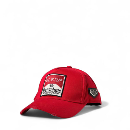 Philipp Plein Red Marvelous Cap ❤️🔥 | Distressed Cotton Hat with Logo Patch