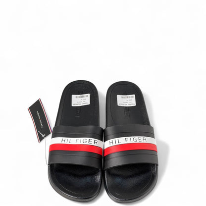 Tommy Hilfiger Signature Slides – Black | Red & White Stripe 🖤❤️🤍