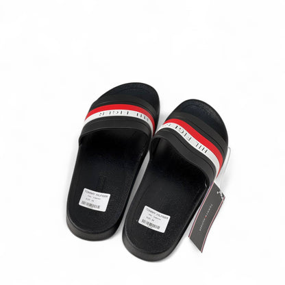 Tommy Hilfiger Signature Slides – Black | Red & White Stripe 🖤❤️🤍