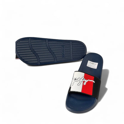 Tommy Hilfiger Flag Slides – Navy | Embossed Signature Style 🇺🇸💙🔥