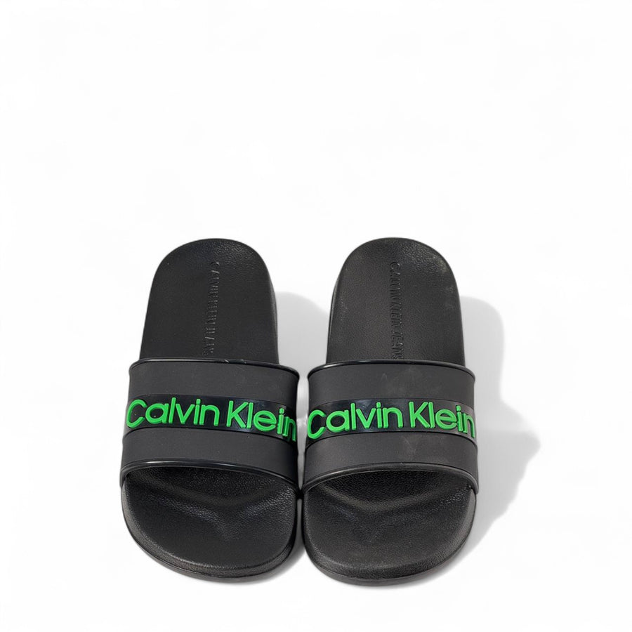 Calvin Klein Logo Slides — Black Neon Green