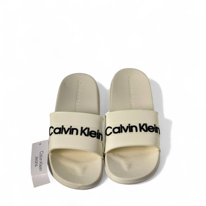 Calvin Klein Slides – Cream Beige with Black Logo | Minimal Luxe Vibes 🤍🖤✨