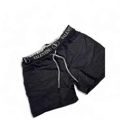 Valentino-Inspired Logo Waist Swim Shorts – Black Minimal Luxe 🖤👑