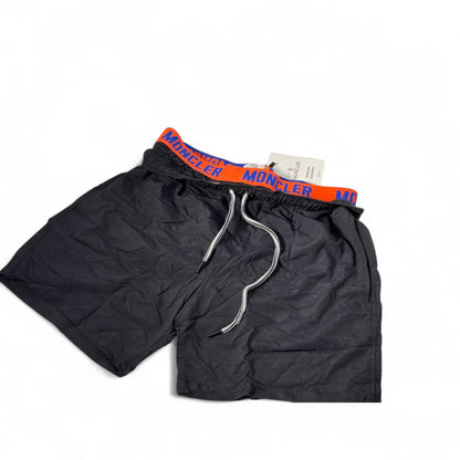 Moncler-Inspired Swim Shorts – Black with Orange & Blue Logo Waistband 🧡💙🖤