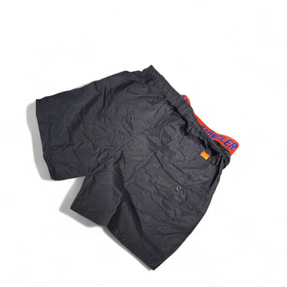 Moncler-Inspired Swim Shorts – Black with Orange & Blue Logo Waistband 🧡💙🖤