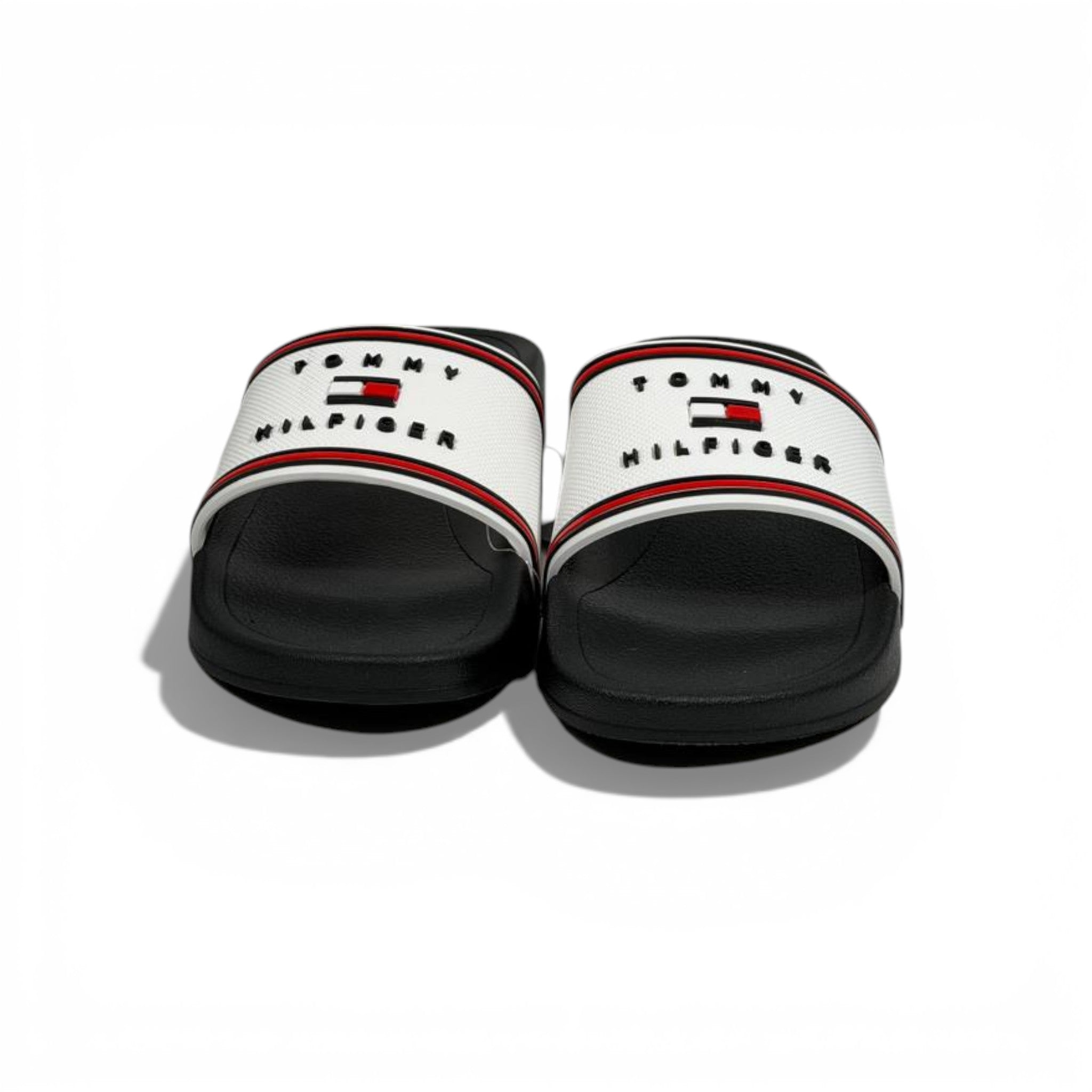 🤍🖤 Tommy Hilfiger White Logo Slide Slippers – Classic Sporty Style 🖤🤍
