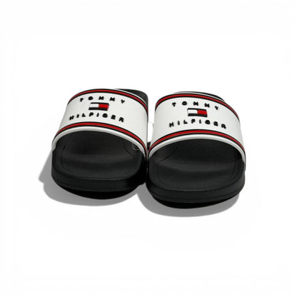 🤍🖤 Tommy Hilfiger White Logo Slide Slippers – Classic Sporty Style 🖤🤍