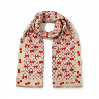 🍒 Louis Vuitton Cherry Monogram Scarf – Soft Beige & Red Charm