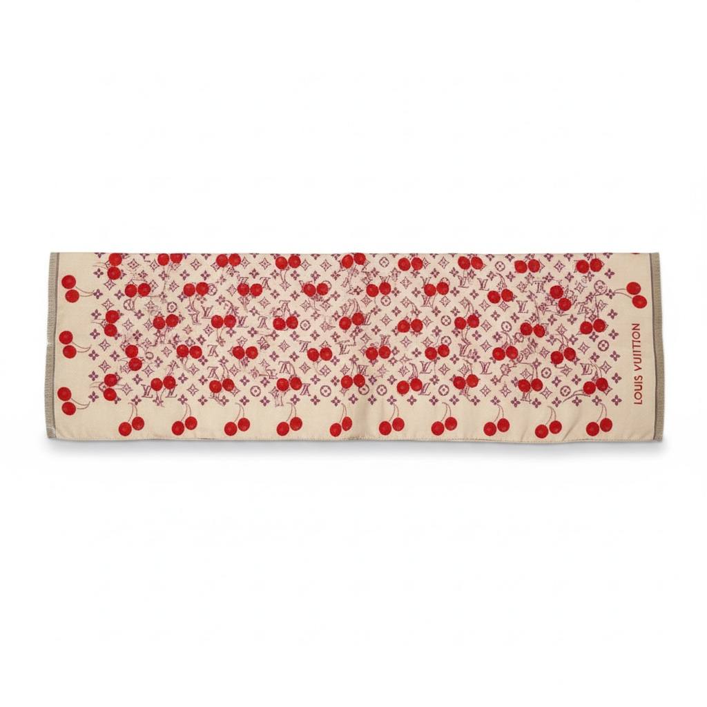 🍒 Louis Vuitton Cherry Monogram Scarf – Soft Beige & Red Charm