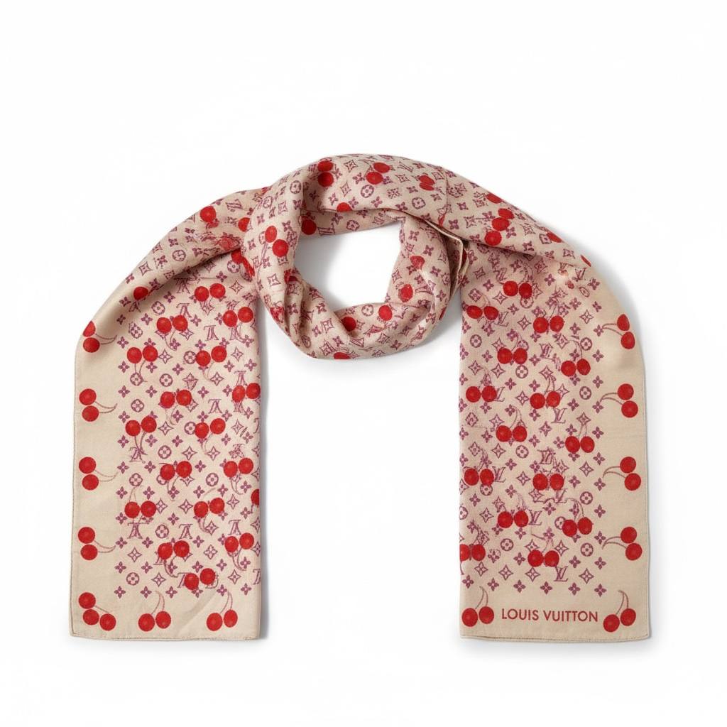 🍒 Louis Vuitton Cherry Monogram Scarf – Soft Beige & Red Charm