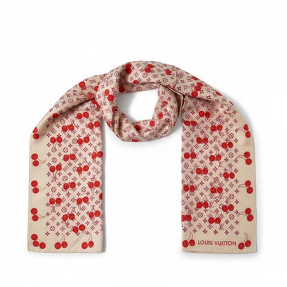 🍒 Louis Vuitton Cherry Monogram Scarf – Soft Beige & Red Charm