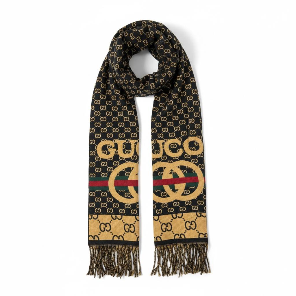 🖤 Gucci GG Monogram Scarf – Black & Gold Iconic Luxury 🖤