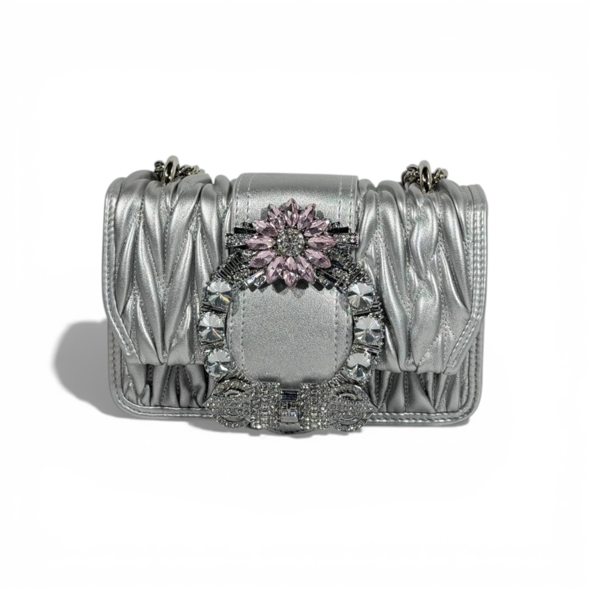 🤍✨ Miu Miu Silver Matelassé Crystal Buckle Shoulder Bag