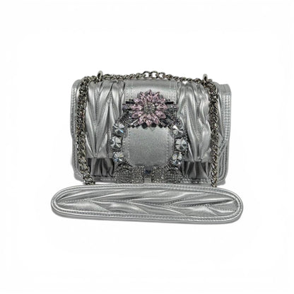 🤍✨ Miu Miu Silver Matelassé Crystal Buckle Shoulder Bag