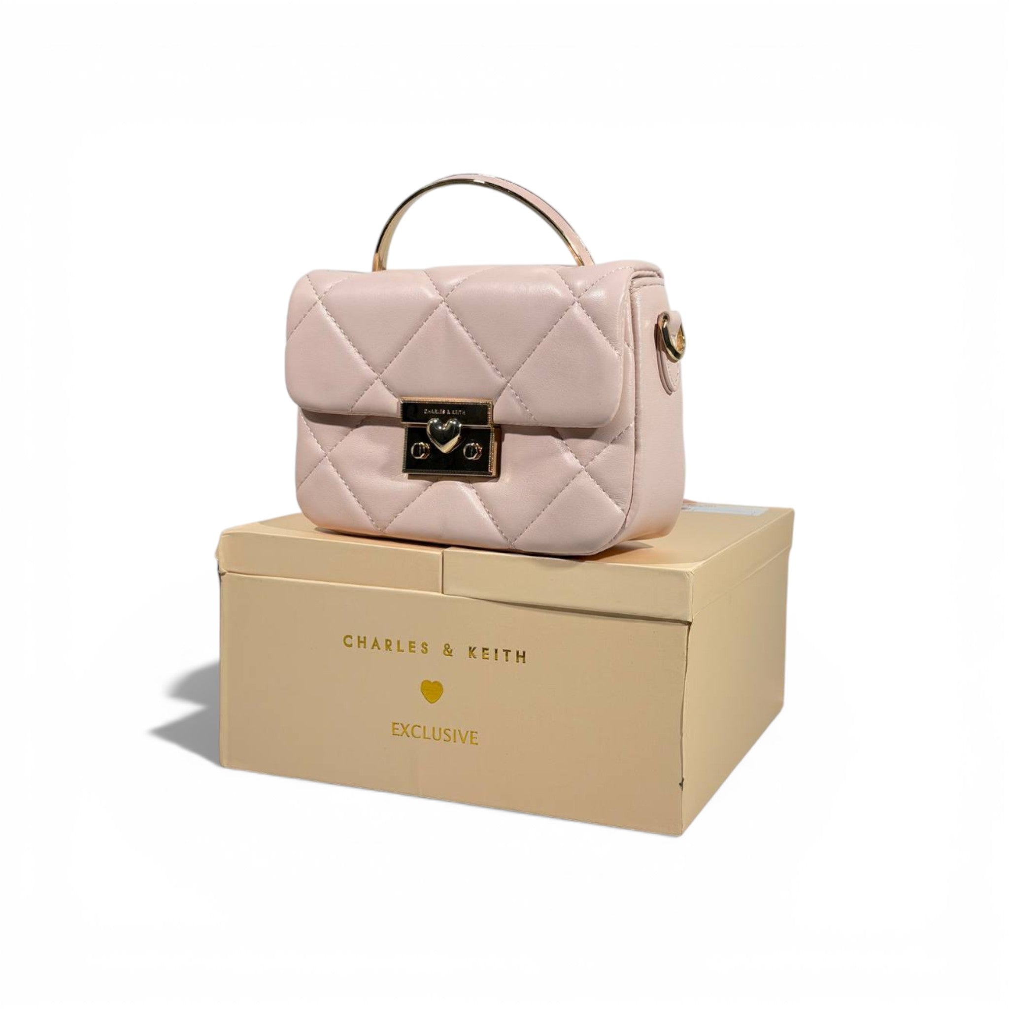 Charles & Keith Quilted Mini Top Handle Bag Pink Gold Hardware
