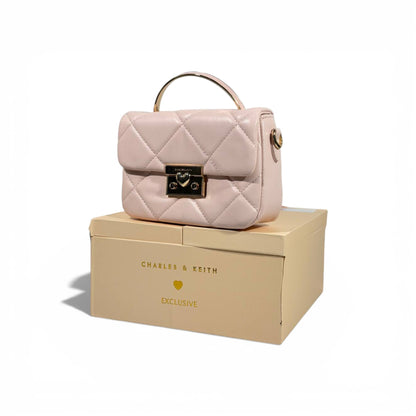 Charles & Keith Quilted Mini Top Handle Bag Pink Gold Hardware