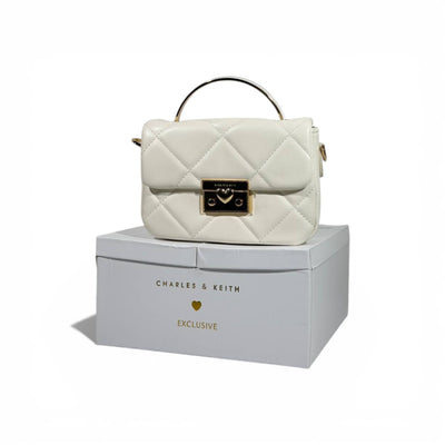 Charles & Keith Quilted Mini Top Handle Bag White Gold Hardware