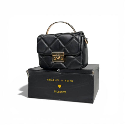 Charles & Keith Quilted Mini Top Handle Bag Black Gold Hardware