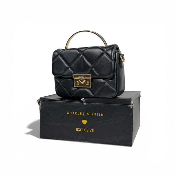 Charles & Keith Quilted Mini Top Handle Bag Black Gold Hardware