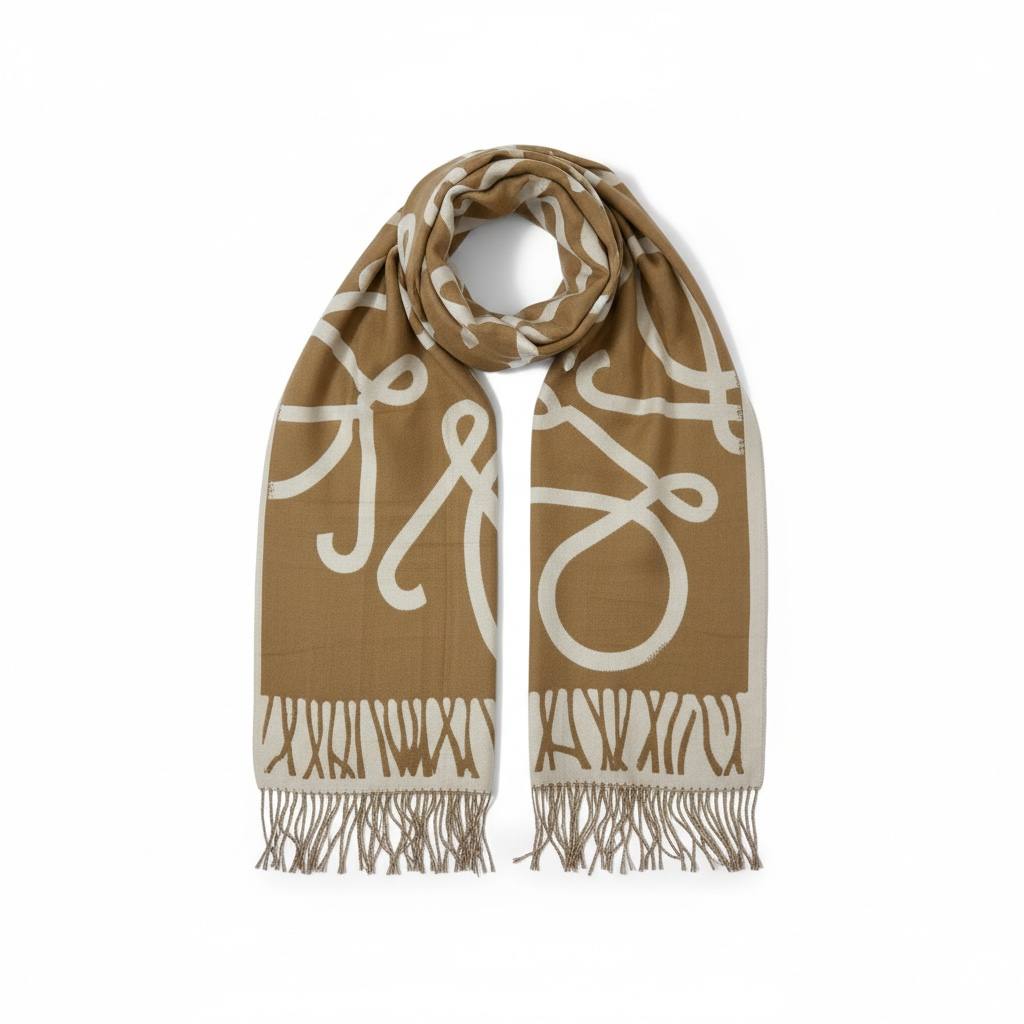 Loewe Brown & Ivory Patterned Scarf | Luxury Fringe Winter Shawl 🤎✨