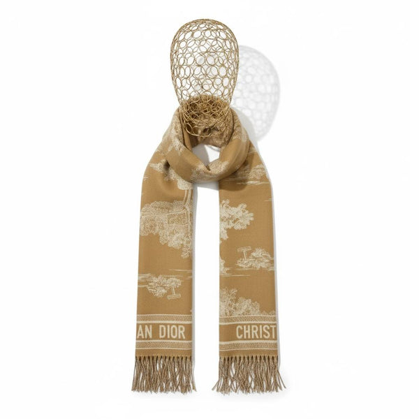 Christian Dior Camel & Ivory Patterned Scarf | Luxury Fringe Winter Shawl 🤎✨