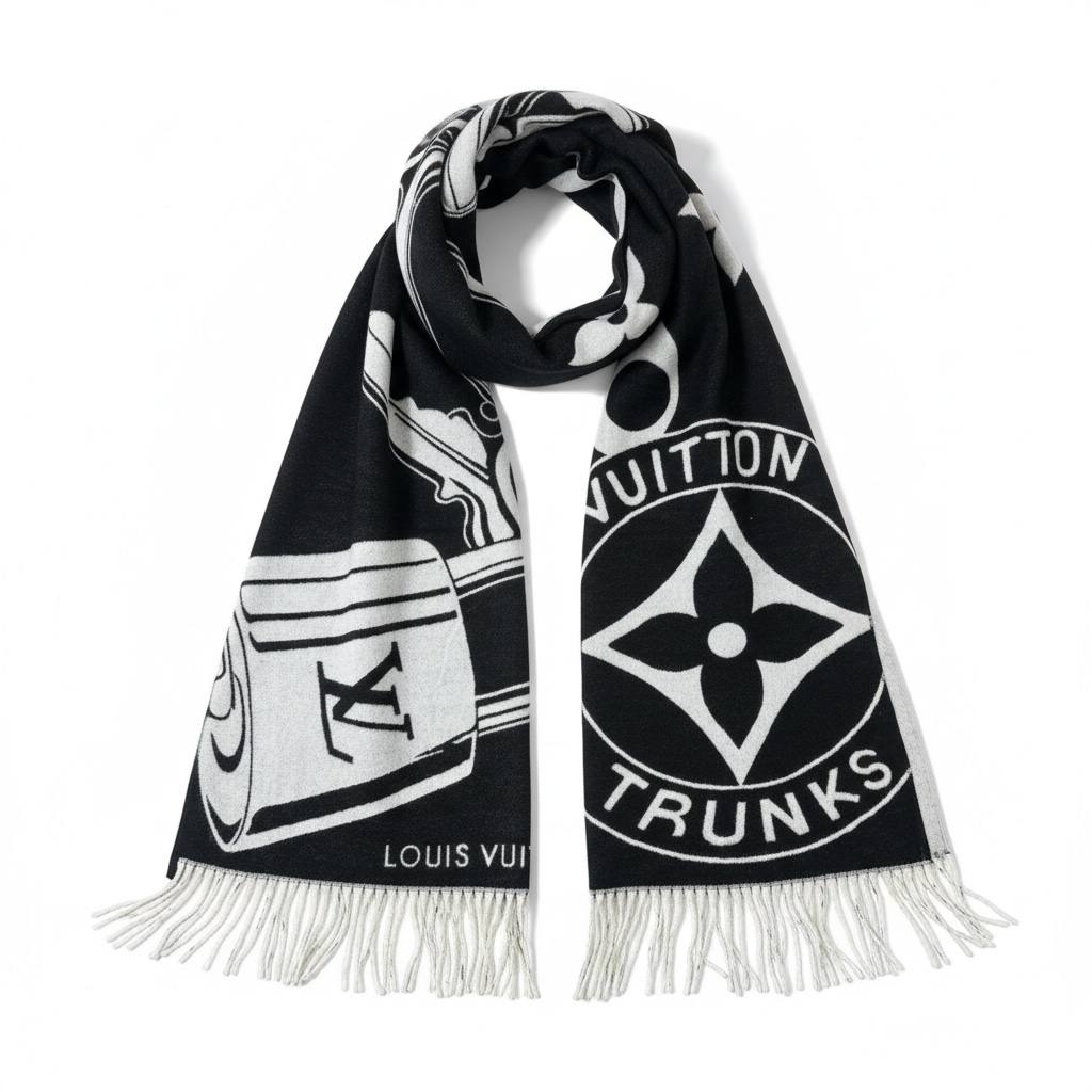 Louis Vuitton Black and White Logo Scarf with Fringe Luxury Winter Shawl 🖤✨