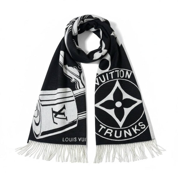Louis Vuitton Black and White Logo Scarf with Fringe Luxury Winter Shawl 🖤✨