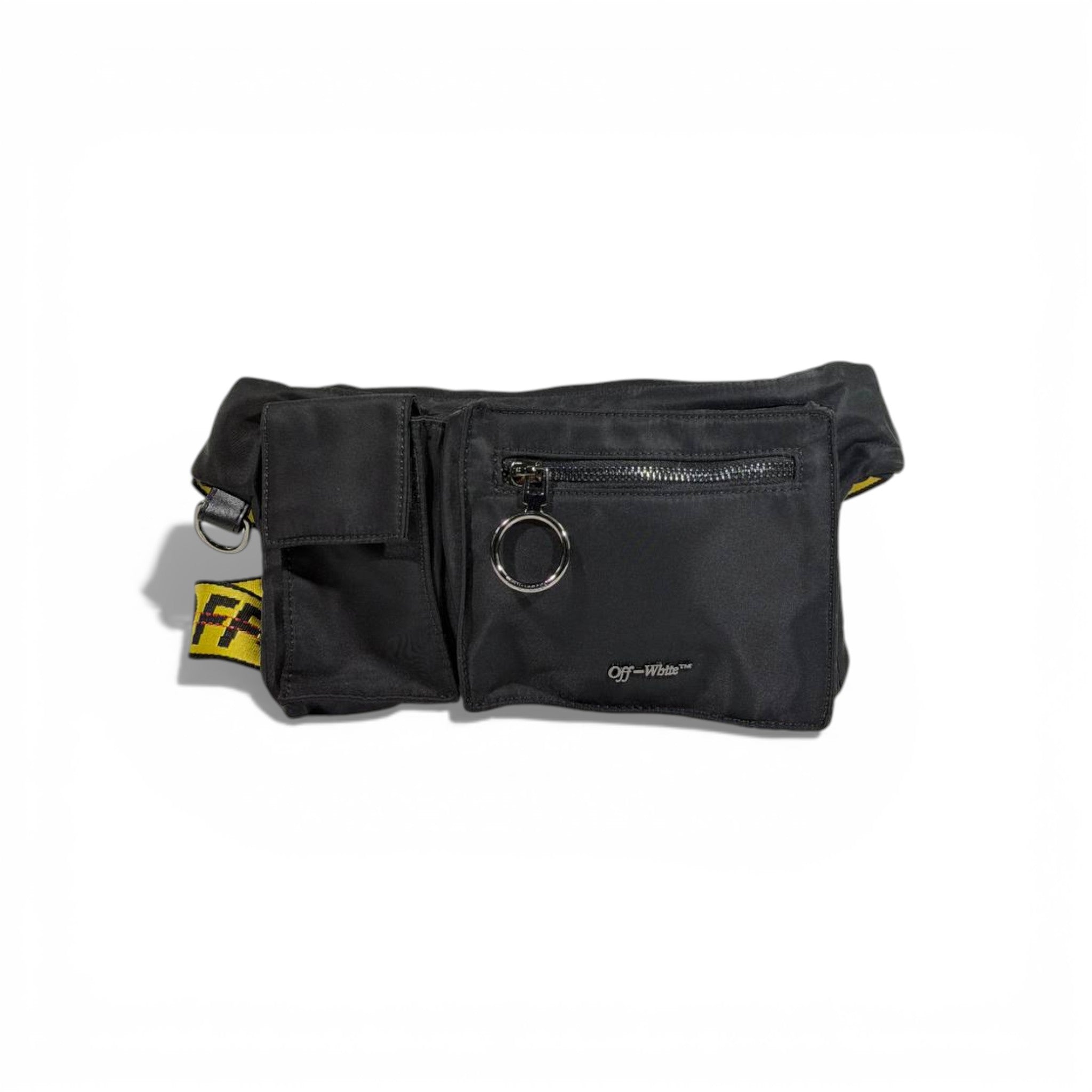 🖤🔥 Off-White Utility Waist Bag – Black with Iconic Yellow Strap 🔥🖤