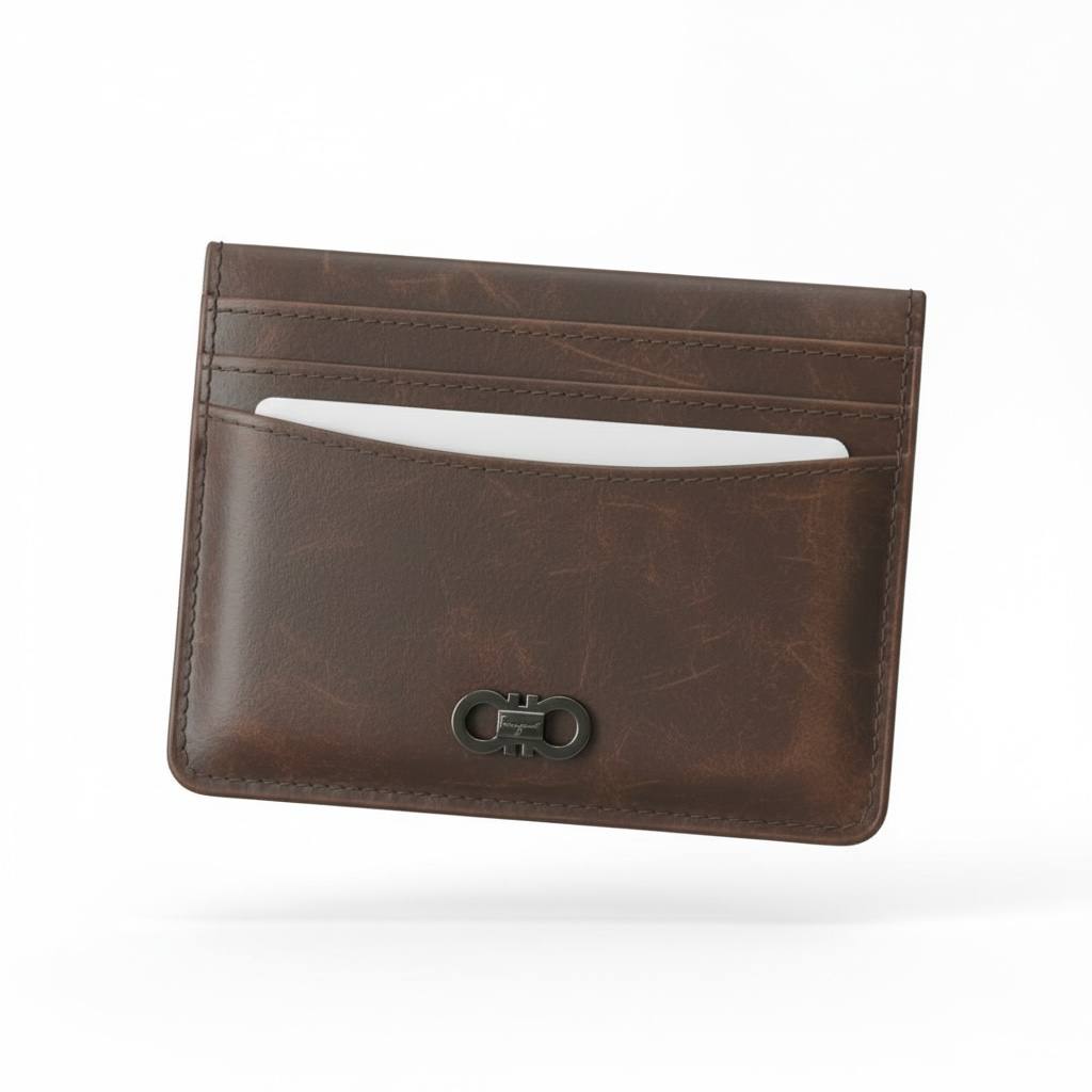 SALVATORE FERRAGAMO Luxury Brown Card Holder – Gancini Logo & Vintage Leather Finish 💳✨