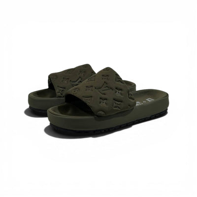 LOUIS VUITTON Luxury Olive Monogram Slide Sandals – Embossed Design & Premium Minimal Style 👟✨