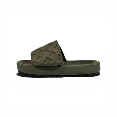 LOUIS VUITTON Luxury Olive Monogram Slide Sandals – Embossed Design & Premium Minimal Style 👟✨