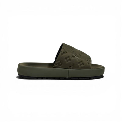 LOUIS VUITTON Luxury Olive Monogram Slide Sandals – Embossed Design & Premium Minimal Style 👟✨