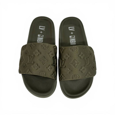LOUIS VUITTON Luxury Olive Monogram Slide Sandals – Embossed Design & Premium Minimal Style 👟✨