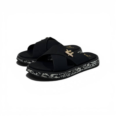 LOUIS VUITTON Luxury Black Cross Strap Sandals – LV Logo Detail & Marble Sole Design 👡✨