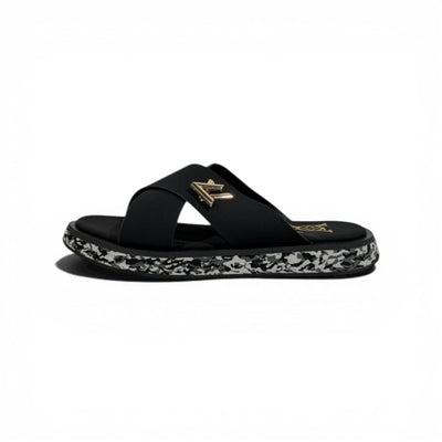 LOUIS VUITTON Luxury Black Cross Strap Sandals – LV Logo Detail & Marble Sole Design 👡✨