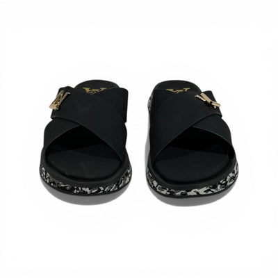 LOUIS VUITTON Luxury Black Cross Strap Sandals – LV Logo Detail & Marble Sole Design 👡✨